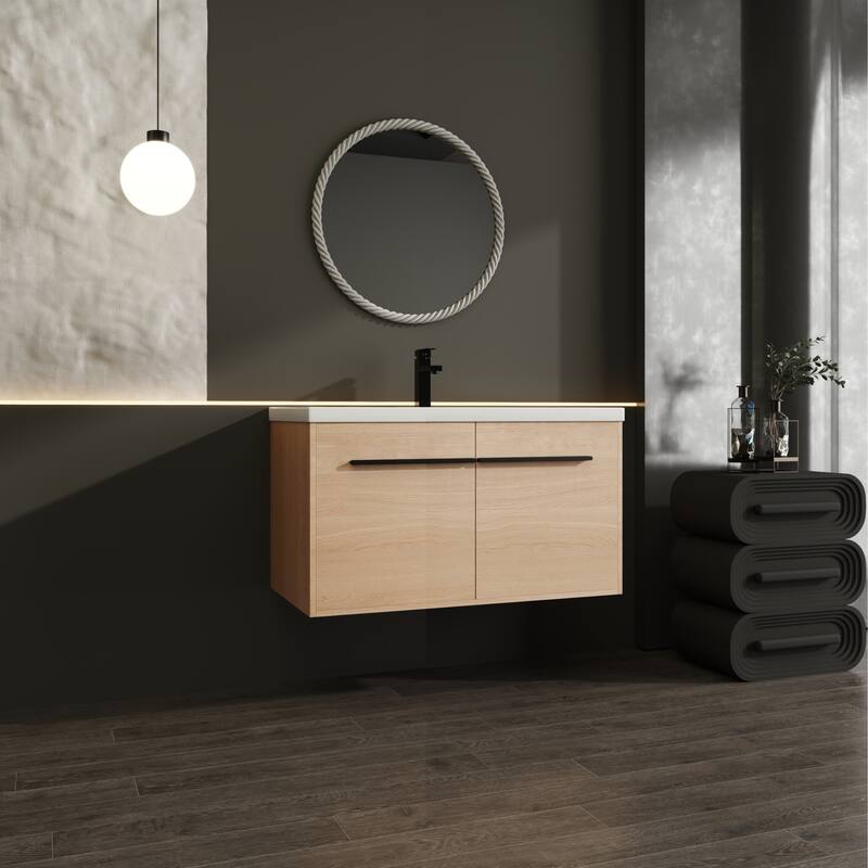 GDFStudio - Levistar Modern Wall-Mounted Bathroom Vanity Set with Scratch-Resistant Resin Sink & Soft Close Doors