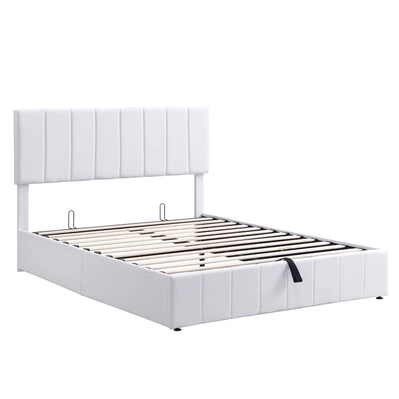Queen Size Upholstered Platform Bed Frame with Hydraulic Lift Storage, Linen Fabric Headboard & Solid Wood Slat Support