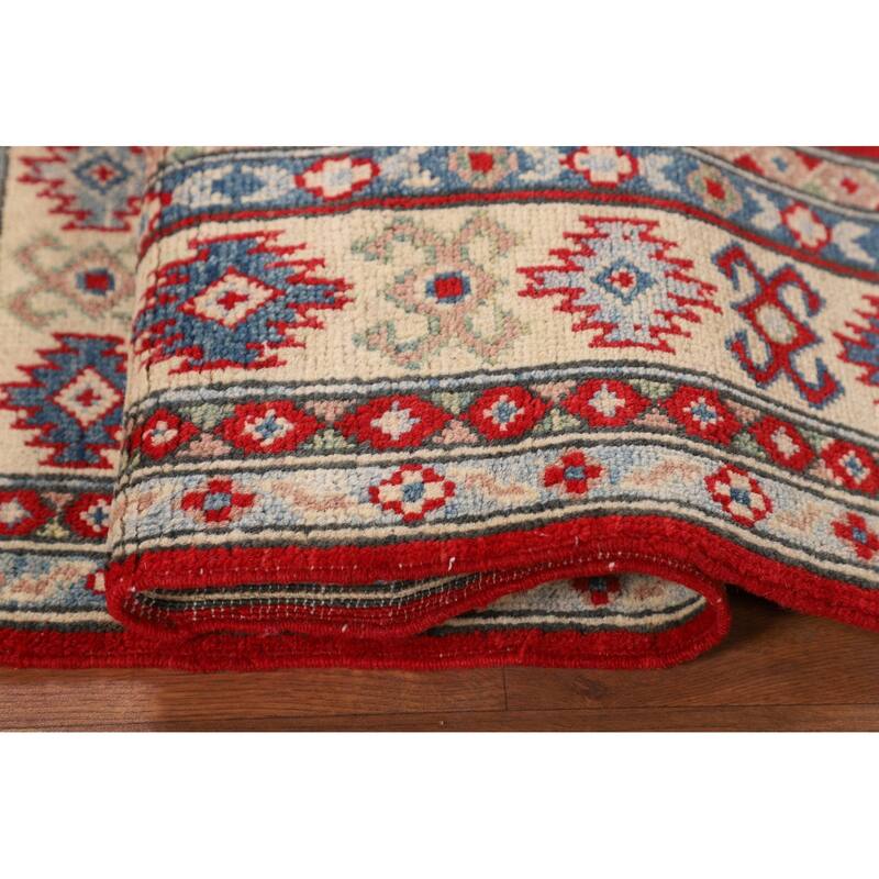 Red Geometric Kazak Accent Rug Hand-Knotted Wool Carpet - 3'4" x 4'11"