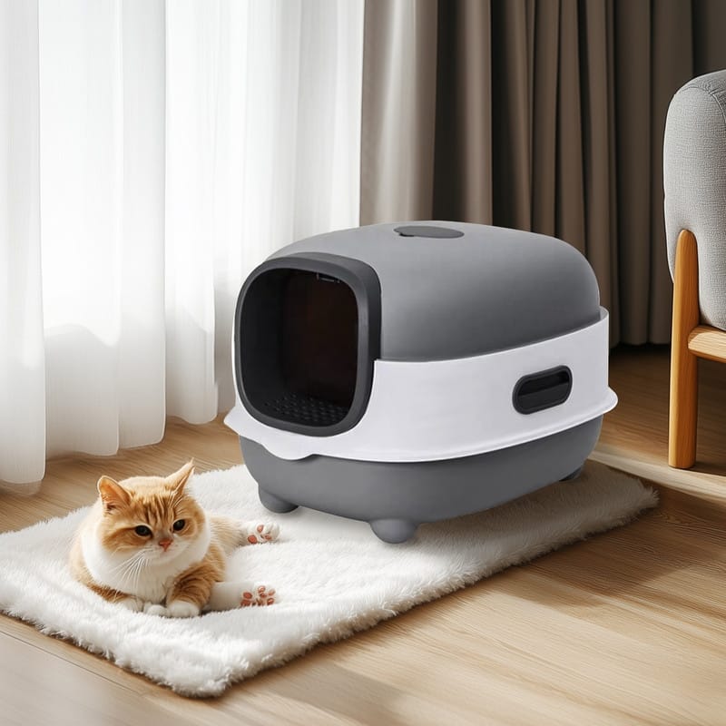 XXL Enclosed Cat Litter Box Oval Front Entry Cat Toilet Tray with Scoop - 13.4x22x15 inch