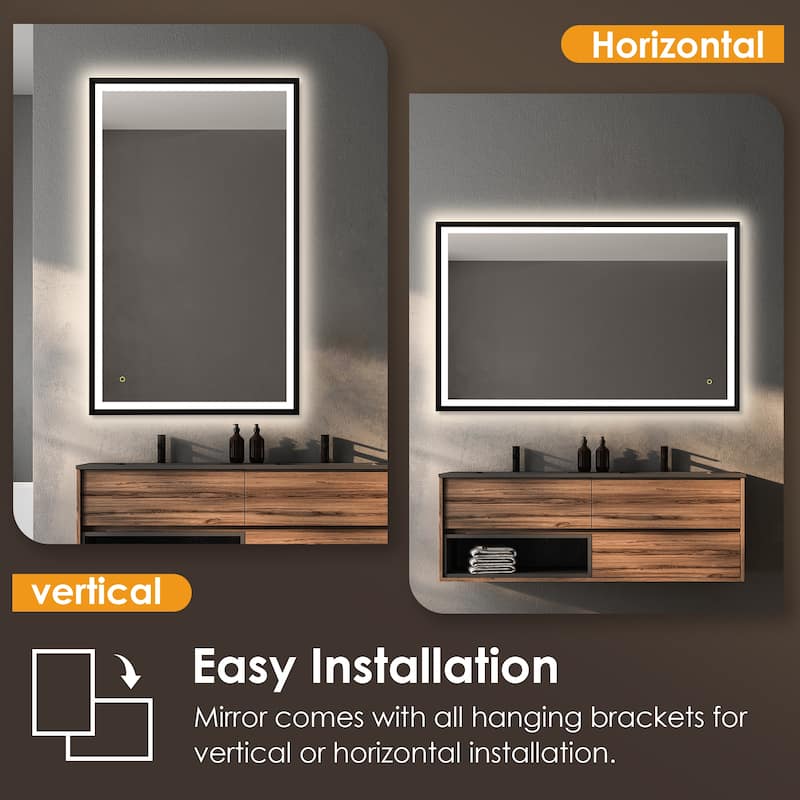 Apollo Rectangular Anti-Fog Dimmable Modern Bathroom/Vanity LED Lighted Wall Mirror in Matte Black Aluminum Framed