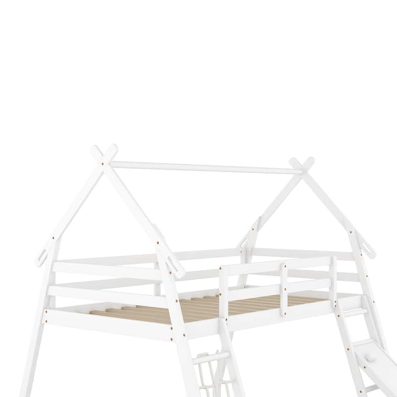 Twin Over Queen House Bunk Bed with Climbing Ramp & Rope Net by Harper&Bright Designs