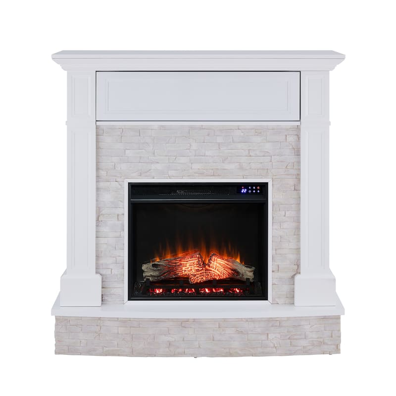 SEI Furniture Ashfield White Faux Stone Electric Fireplace with Storage