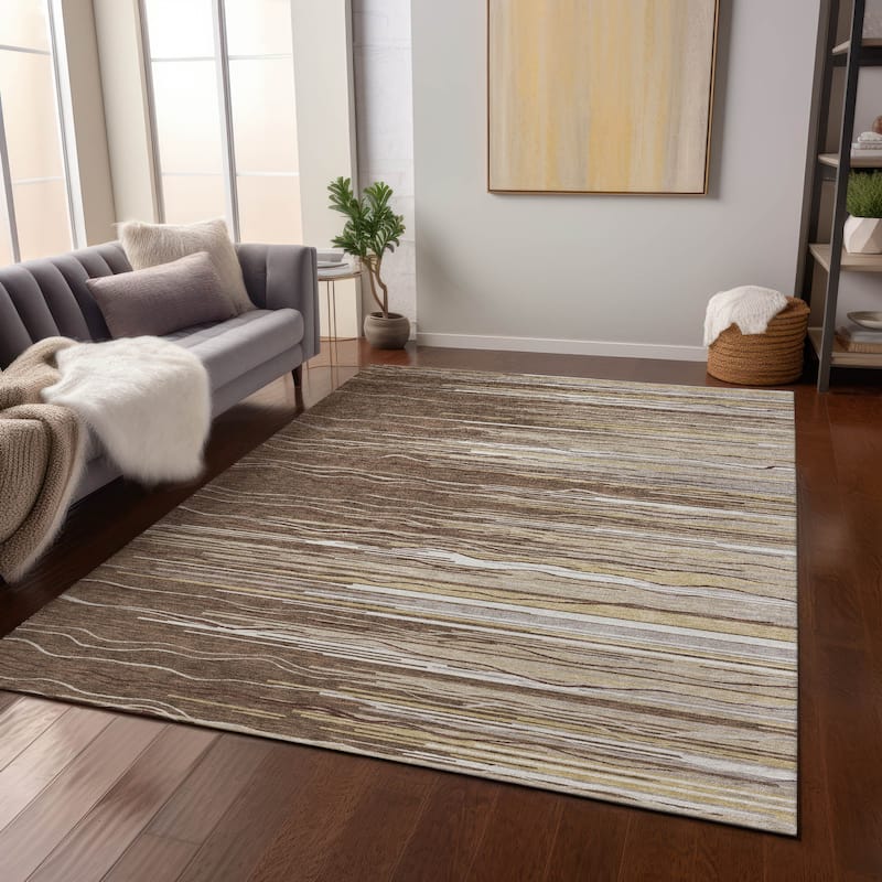 Machine Washable Indoor/ Outdoor Modern Stripe Chantille Rug - Brown - 9' x 12'