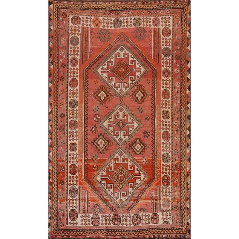 Hand Knotted Oriental 100% Wool Carpet Traditional Tribal Pink Qashqai Area Rug - 7' 10'' X 4' 10''