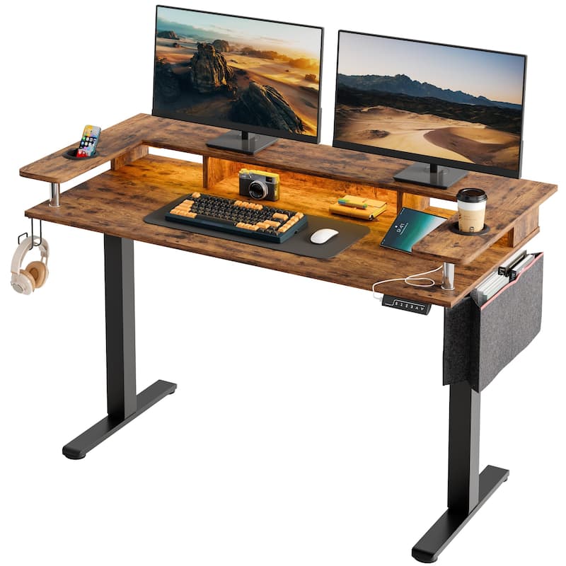 Electric Standing Desk Height Adjustable Computer Desk with Storage and Monitor Stand - Rustic Brown