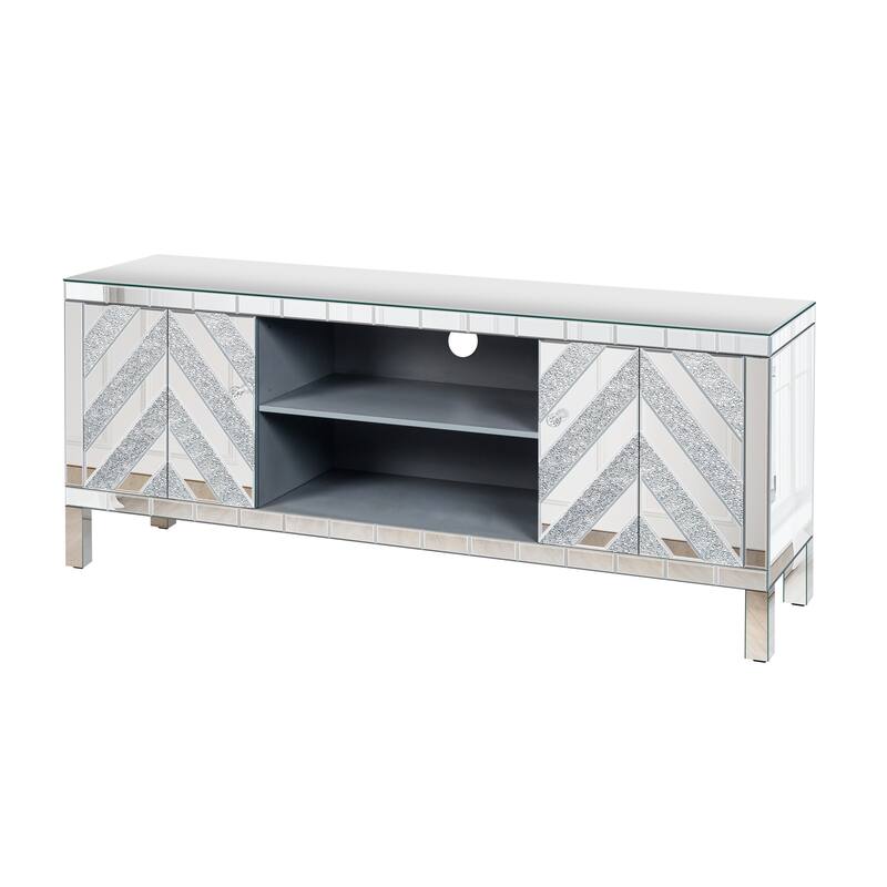 Roomfitters 59" Mirrored TV Stand for TVs up to 65", Silver Media Console with M-Shape Sparkle Doors & Open Storage