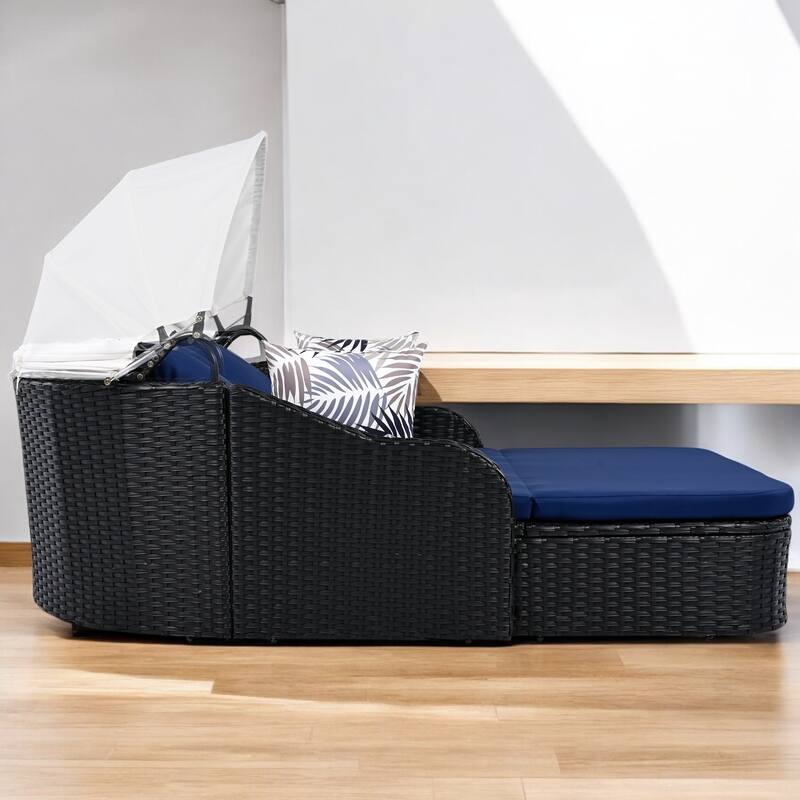 Outdoor Sunbed with Adjustable Canopy - Rattan Double Lounge Daybed 4 Pillows, and Cushions for Patio, Deck, or Garden