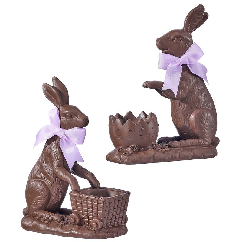 6.5" Resin Chocolate Bunny With Cart set of 2