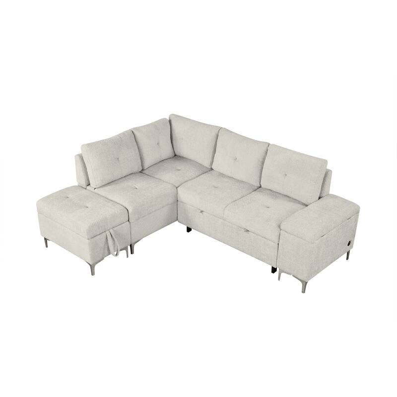 88.2" Chenille L-Shaped Sectional Sofa with Versatile Sofa Bed Design, Ample Storage Space, Two Cup Holders and USB Ports