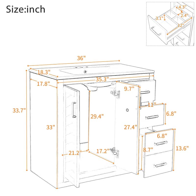 Roomfitters 36 Inch Bathroom Vanity with Ceramic Sink Combo, Solid Wood Frame Freestanding Storage Cabinet with 3 Drawers