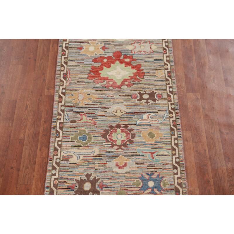 Hand Knotted Oriental 100% Wool Carpet Transitional Floral Multi-Colored Oushak Runner Rug - 19' 11'' X 2' 7''