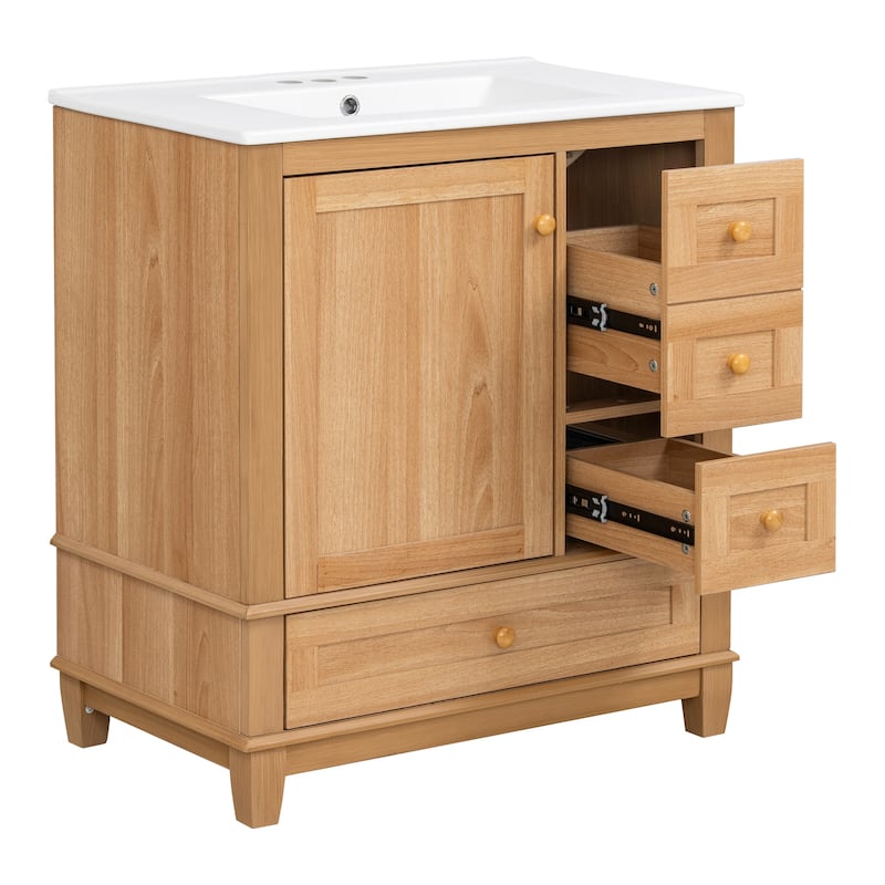 30" Bath Vanity with Sink - 3 Drawers, Door Shelf & Soft-Close Mechanism