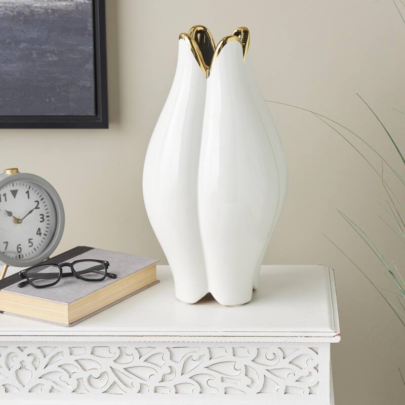 Ceramic Dimensional Tulip Shaped Decorative Vase with Metallic Gold Rim - White - Roche River Decor