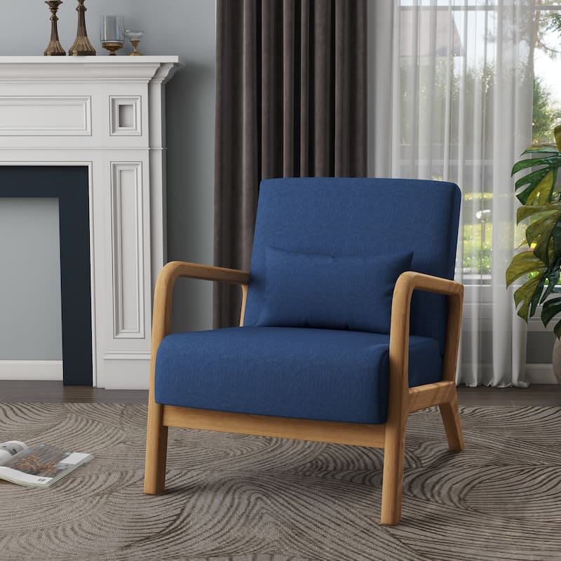 Mid Century Modern Upholstered Accent Chair with Pillow - Dark Blue/Linen/Natural Wood