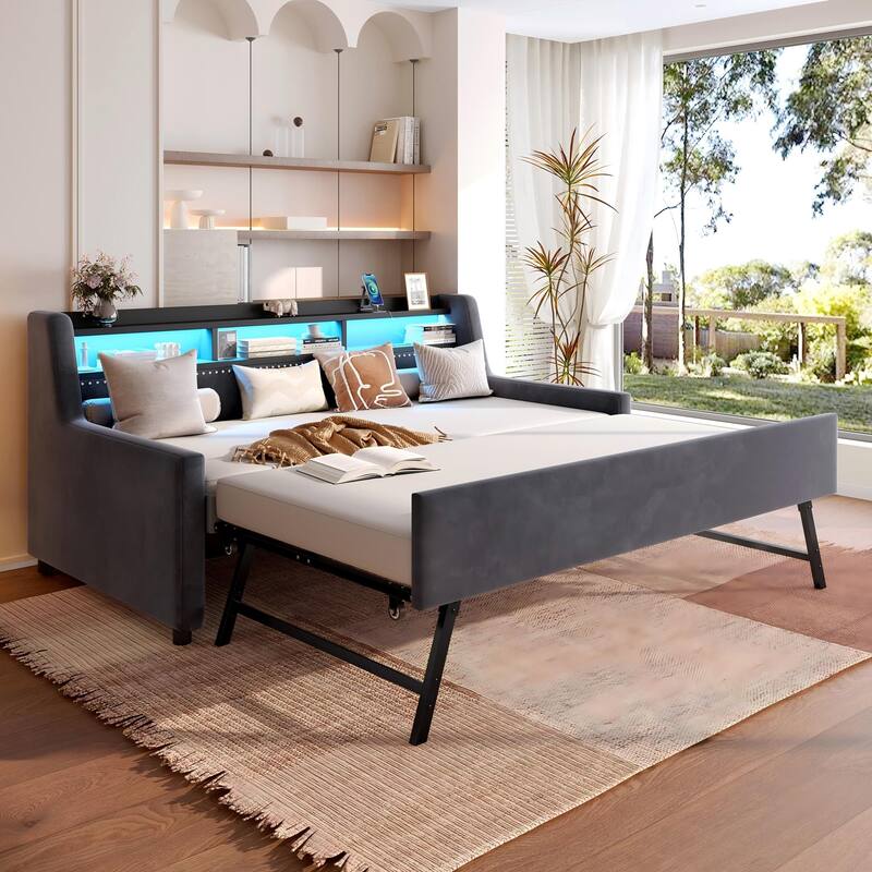 GDFStudio - Modern Velvet Upholstered Corner Daybed with Roll-Out Trundle, Adjustable LED Lighting & Charging Station