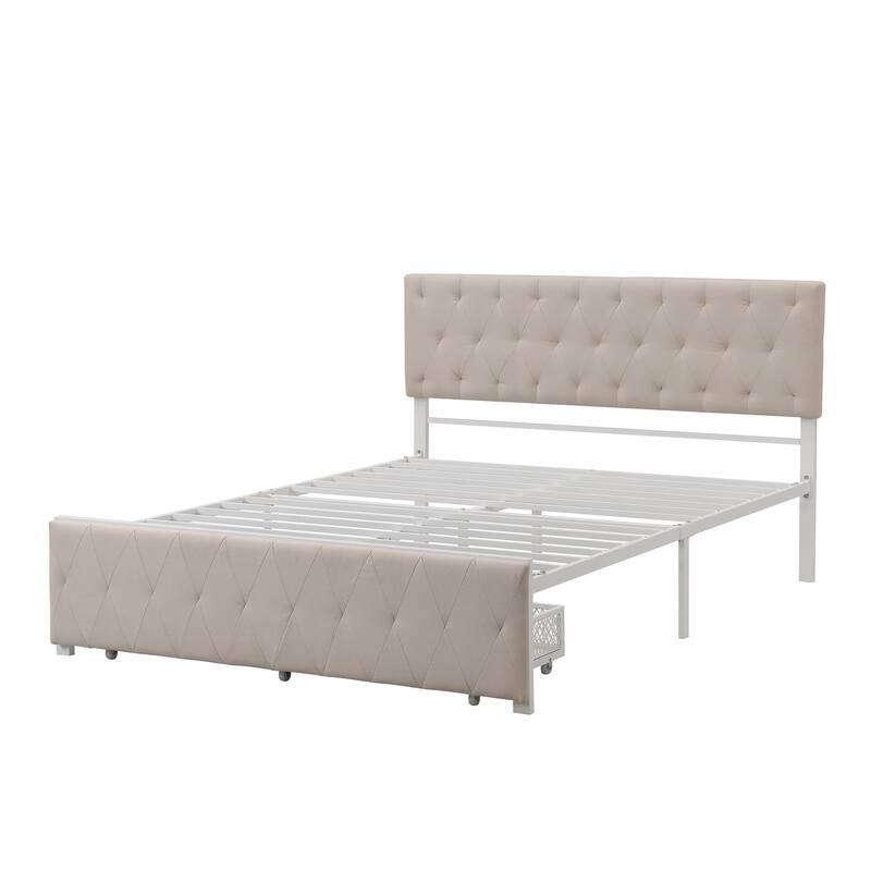 Linen Upholstered Queen Size Metal Platform Bed with Big Drawer