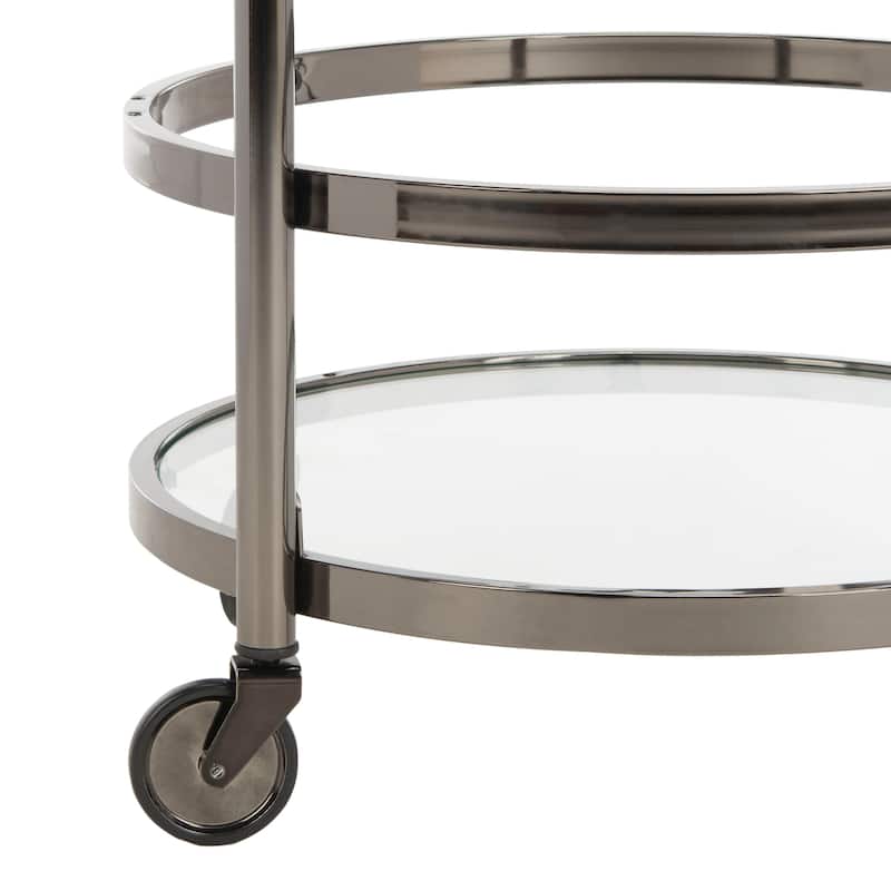 SAFAVIEH Sienna 2 Tier Round Bar Cart-Black Nickel / Glass. - 24" W x 20" D x 34" H