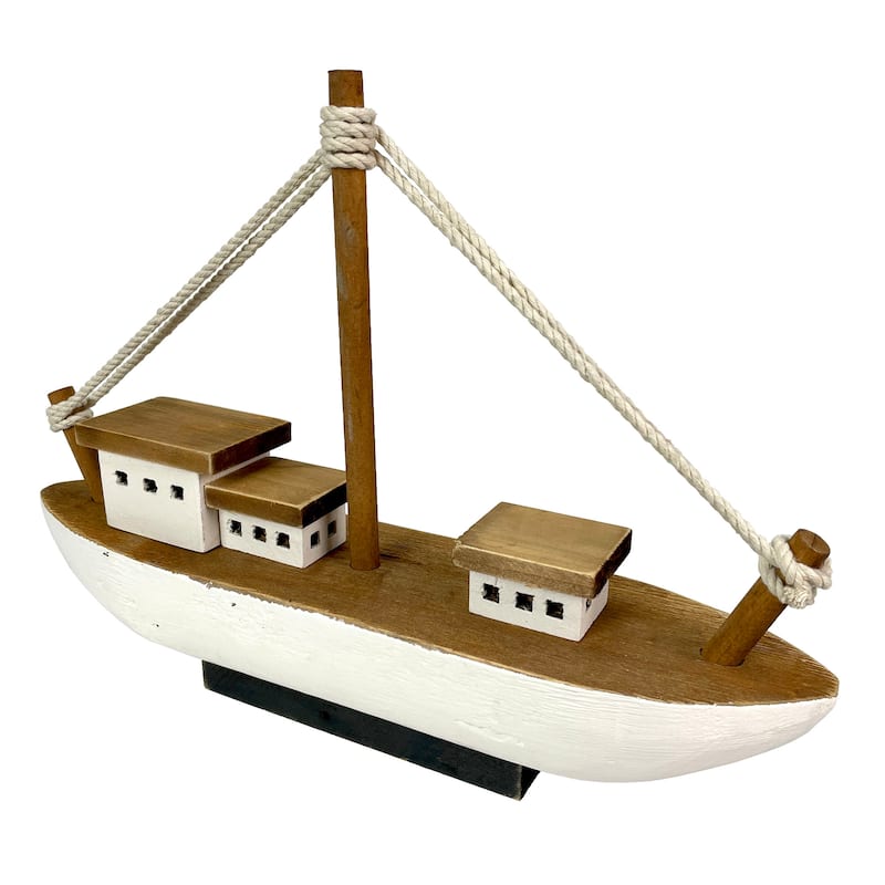 13.5In Wood Fishing Boat Statue Nautical Decor Handcrafted Ship Modell - 9.75 X 13.5 X 3.25 inches