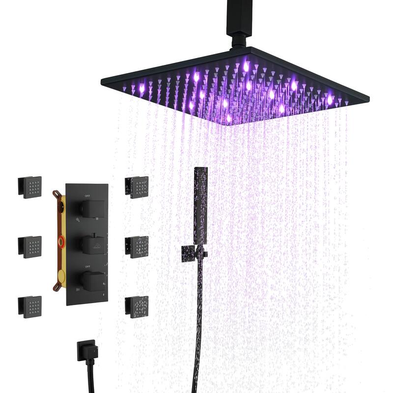 Celling 12 inch LED 3 Function Thermostatic Shower System with 6 Body Jets - Matte Black