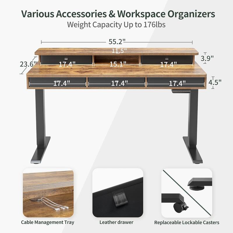 FEZIBO Height Adjustable Electric Standing Desk with 5 Drawers, Table with Storage Shelf, Sit Stand Desk