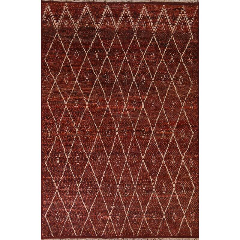 Hand Knotted Oriental 100% Wool Carpet Modern Geometric Red Moroccan Area Rug - 7' 10'' X 5' 7''