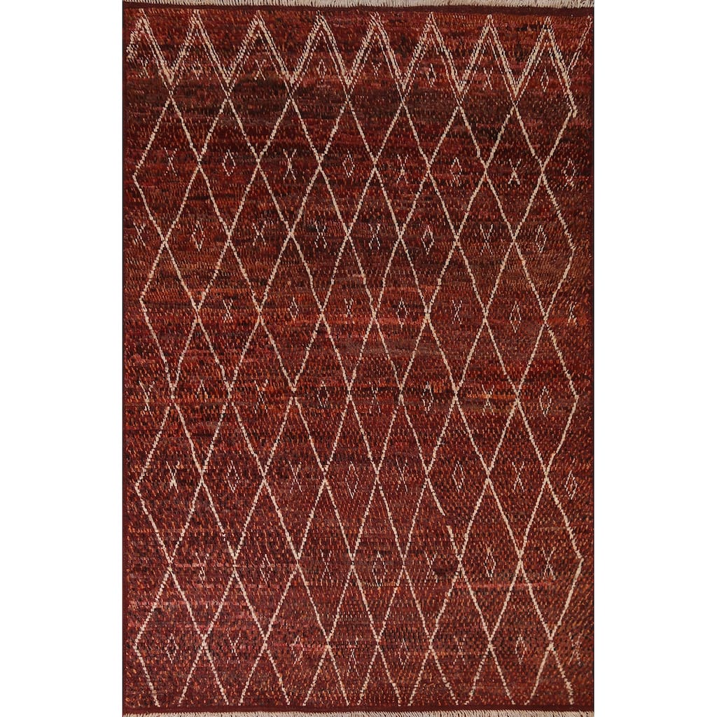Hand Knotted Oriental 100% Wool Carpet Modern Geometric Red Moroccan Area Rug - 7' 10'' X 5' 7''