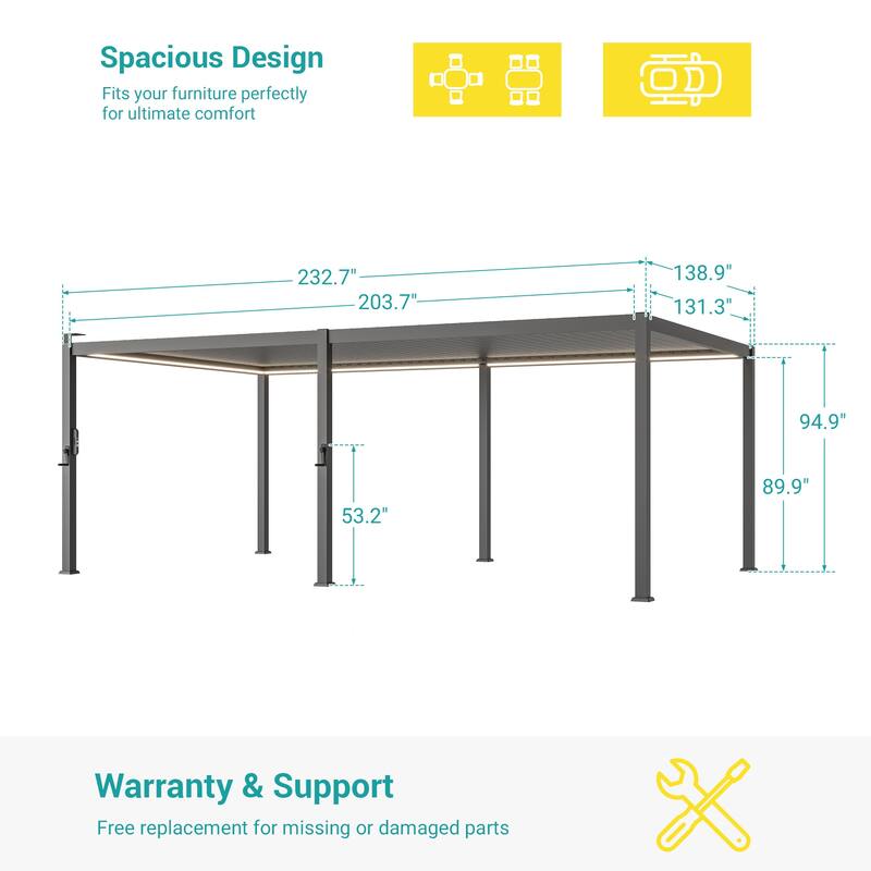 Outdoor Metal Solar LED Louvered Pergola with Adjustable Roof