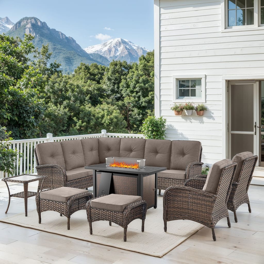 Outdoor Sectional Sofa Chairs Ottomans with Fire Pit Table -Grey - Brown