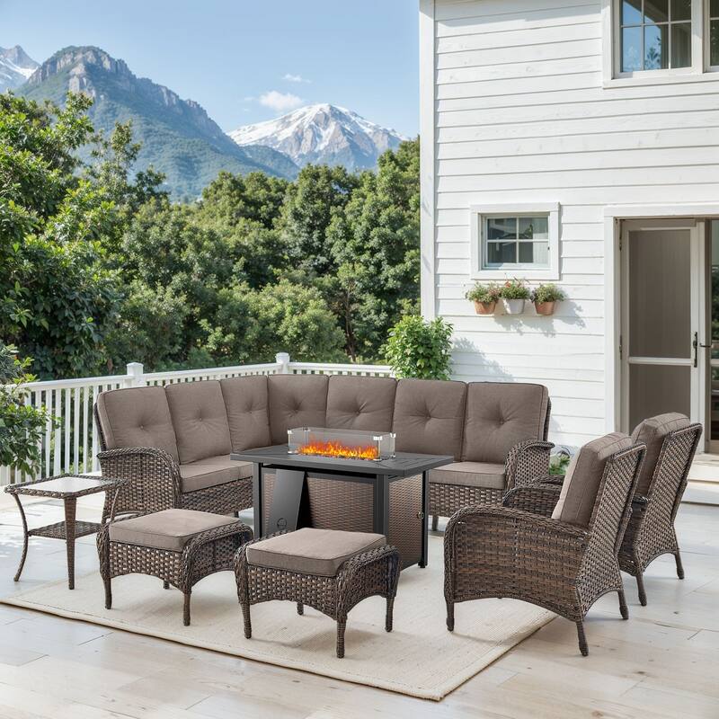 Outdoor Sectional Sofa Chairs Ottomans with Fire Pit Table - Grey - Brown