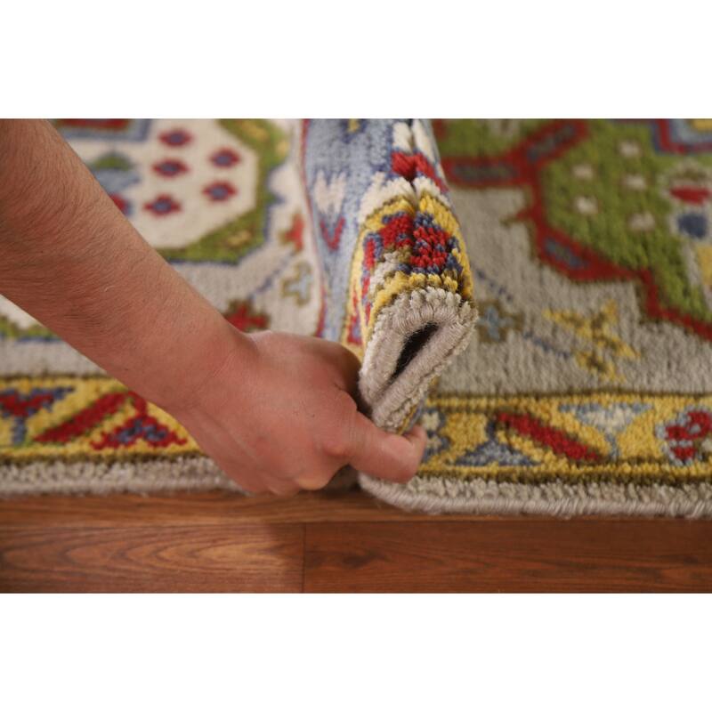 Geometric Beige Kazak Oriental Rug Hand-Knotted Wool Carpet - 2'7"x 6'1"