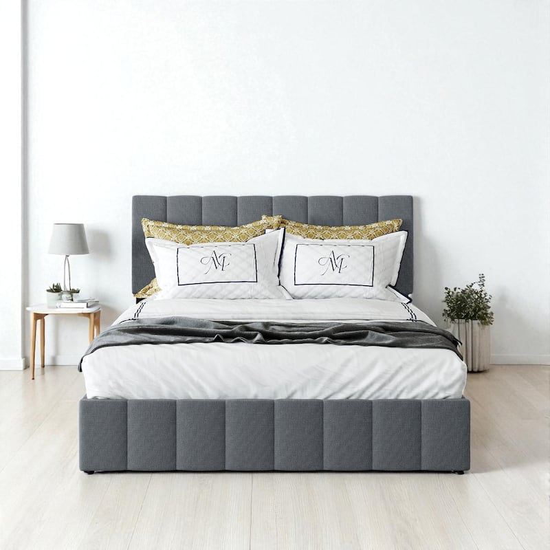 Full/Queen Upholstered Platform Bed with Hydraulic Lift Storage, Linen Headboard and Slats - Grey - Queen