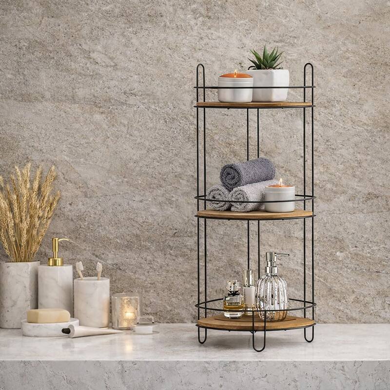 Corner Bathroom Organizer Storage Tower 3 or 2 Shelves Bamboo Black Metal
