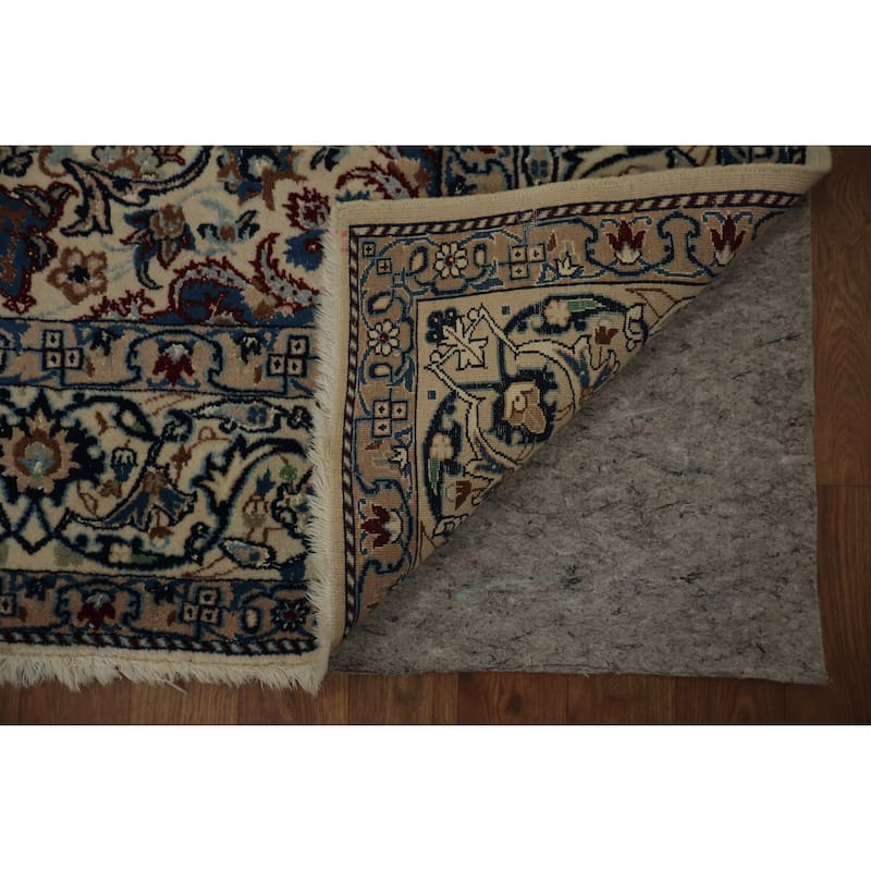 Hand Knotted Oriental Wool & Silk Carpet Traditional Floral Beige & Ivories Nain Area Rug - 8' 5'' X 5' 6''