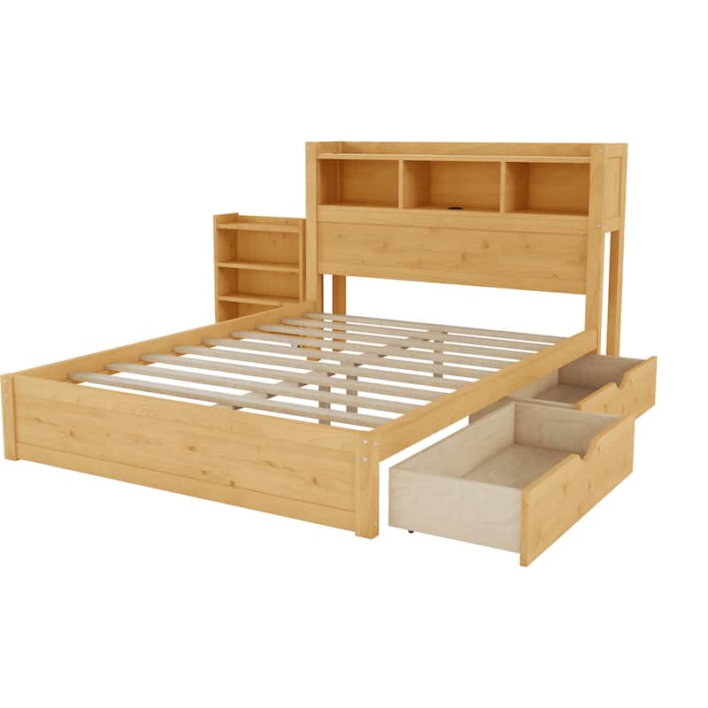 Platform Bed with Storage Headboard Pull Out Storage Cabinet, Bookcase Bed with Drawers, Wood Wingback Bed with Light and Socket
