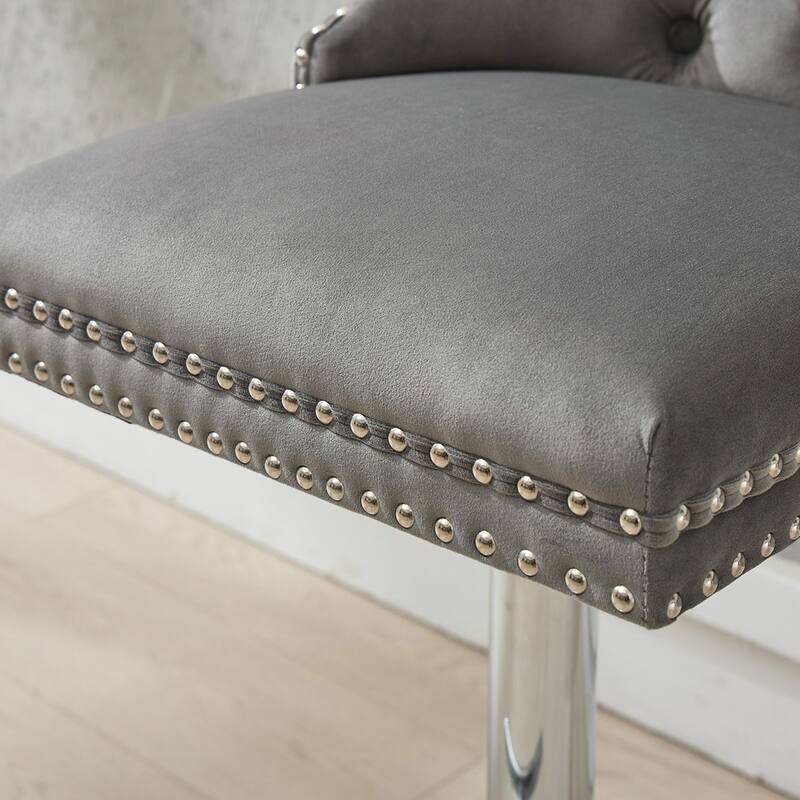 2PCS Swivel Adjustable Height Tufted Bar Stools With Silver Leg