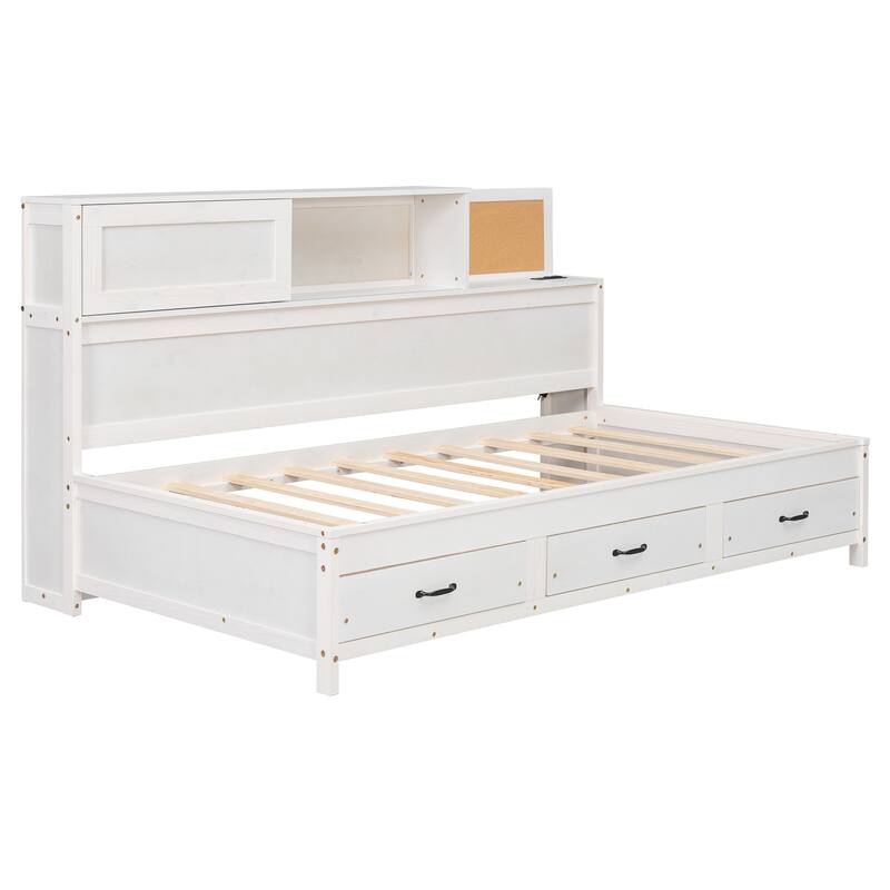 Twin Size Wooden Daybed with 3 Storage Drawers, Upper Soft Board, shelf, and a set of Sockets and USB Ports, White