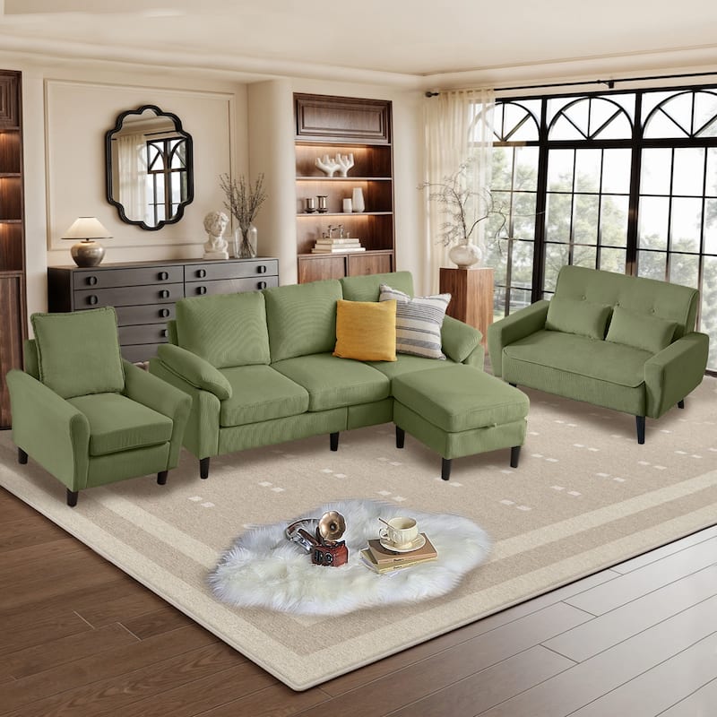 4-Piece Corduroy Living Room Sectional Sofa Set with Loveseat and Chair