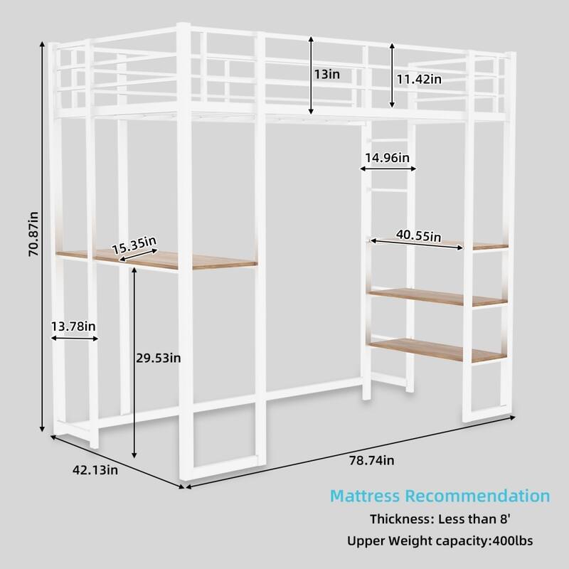 Iron Frame Bunk Bed with L-shaped Desk,Railing and Stairs