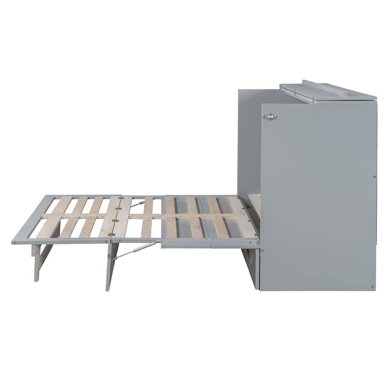 Gray Full Size Modern Murphy Bed with Drawer, USB Ports, and Outlets