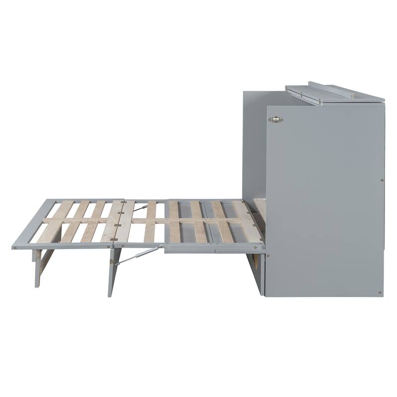 Gray Full Size Murphy Bed with Large Drawer, USB Ports, and Outlets