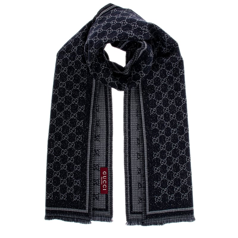 Gucci GG Wool Scarf with Metallic Thread - Dark Blue and Grey