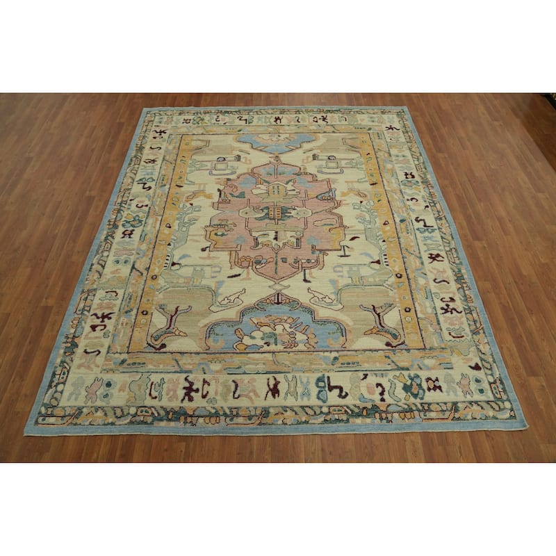 Vegetable Dye Wool Oushak Turkish Area Rug, Medallion Geometric Carpet - 9' 9'' X 8' 4''