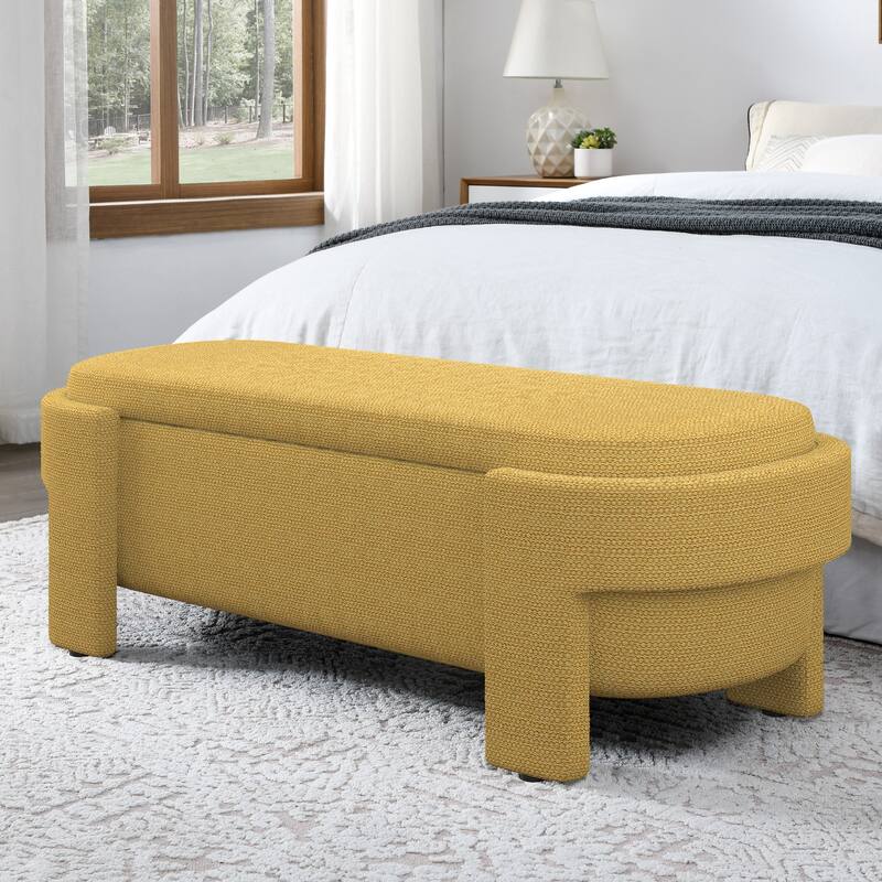 Oval End of Bed Bench, Linen Fabric Upholstered Storage Bench, Entryway Bench with Hidden Storage Space & Support Legs