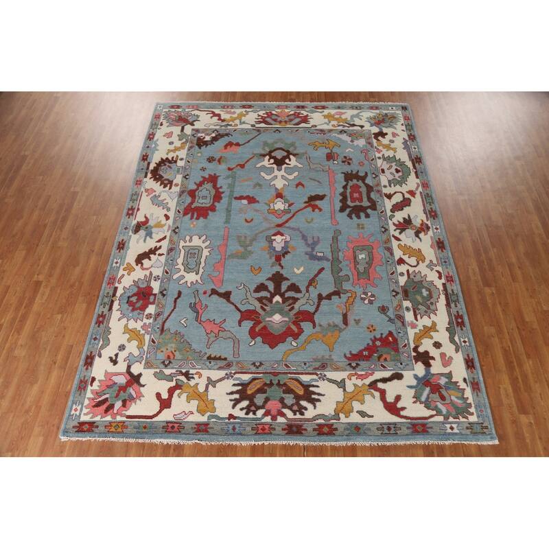 Light Blue Oushak Rug Hand-Knotted Oriental Wool Carpet - 9'2"x 11'8"