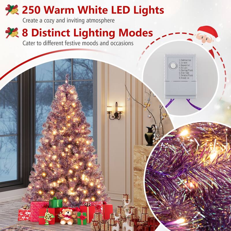 Gymax 6 FT Pre-Lit Tinsel Christmas Tree Artificial Xmas Tree w/ Lush