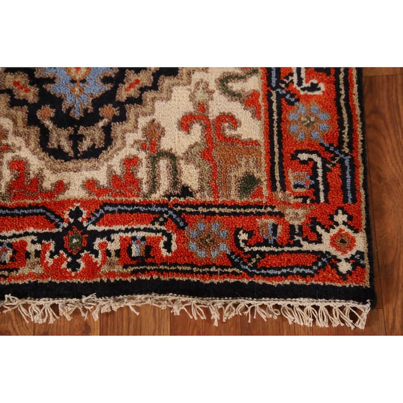 Dark Navy Blue Heriz Serapi Indian Runner Rug Hand-Knotted Wool Carpet - 2'6" x 9'11"