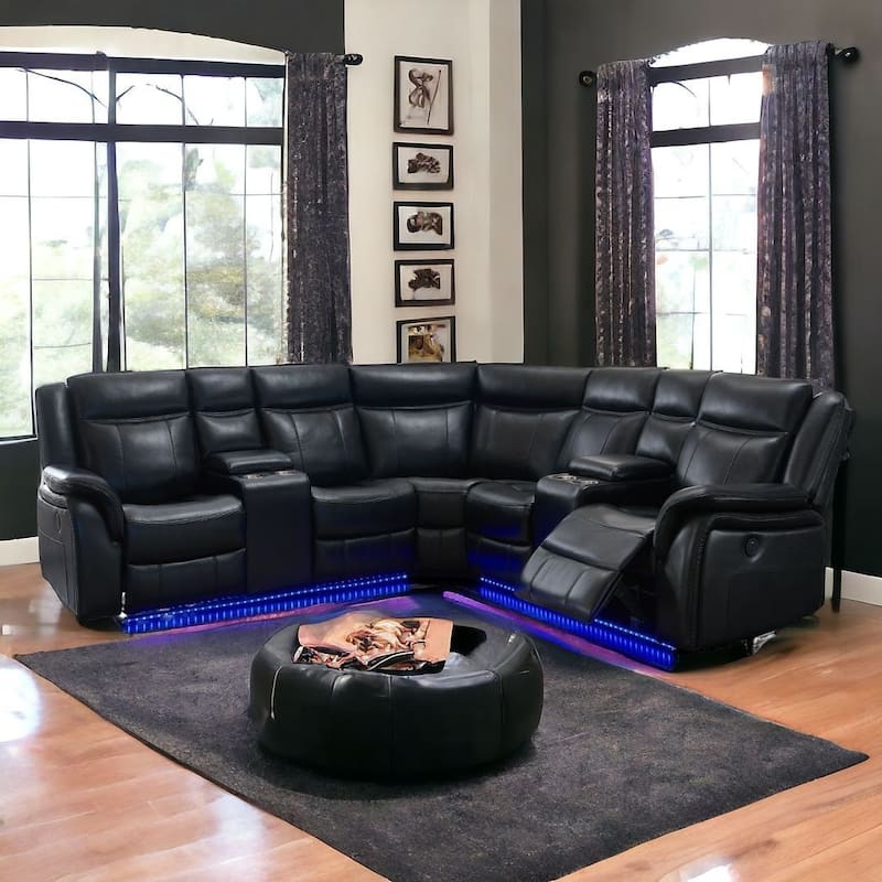 HomeRoots Black Polyester Blend Power Reclining L Shaped Three Piece Corner Sectional With Console - 29