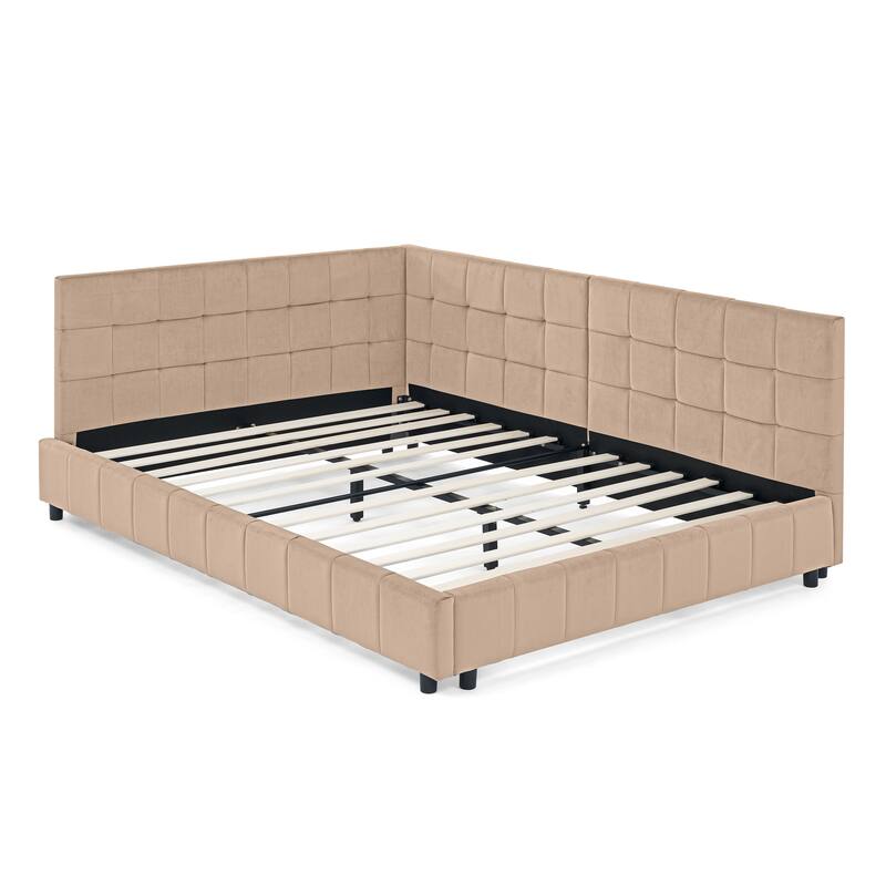 Full Size Daybed Grounded Bed Velvet Upholstered Tufted Bed Frame with L-shaped Backrest & Armrests for Livingroom or Bedroom