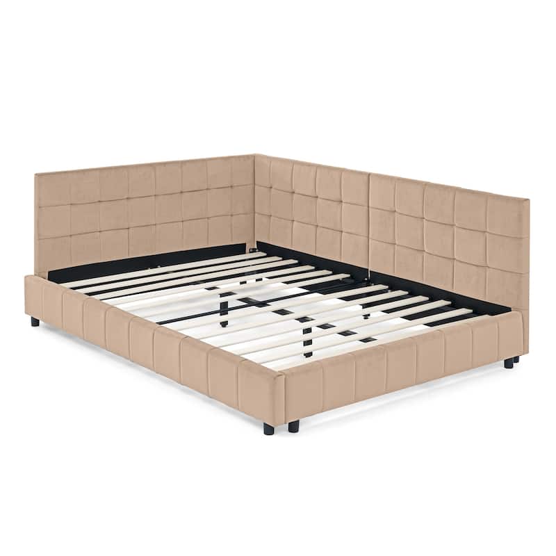 Full Size Upholstered Daybed L-Shaped Corner Bed Frame with Comfortable Backrest and Armrests for Bedroom